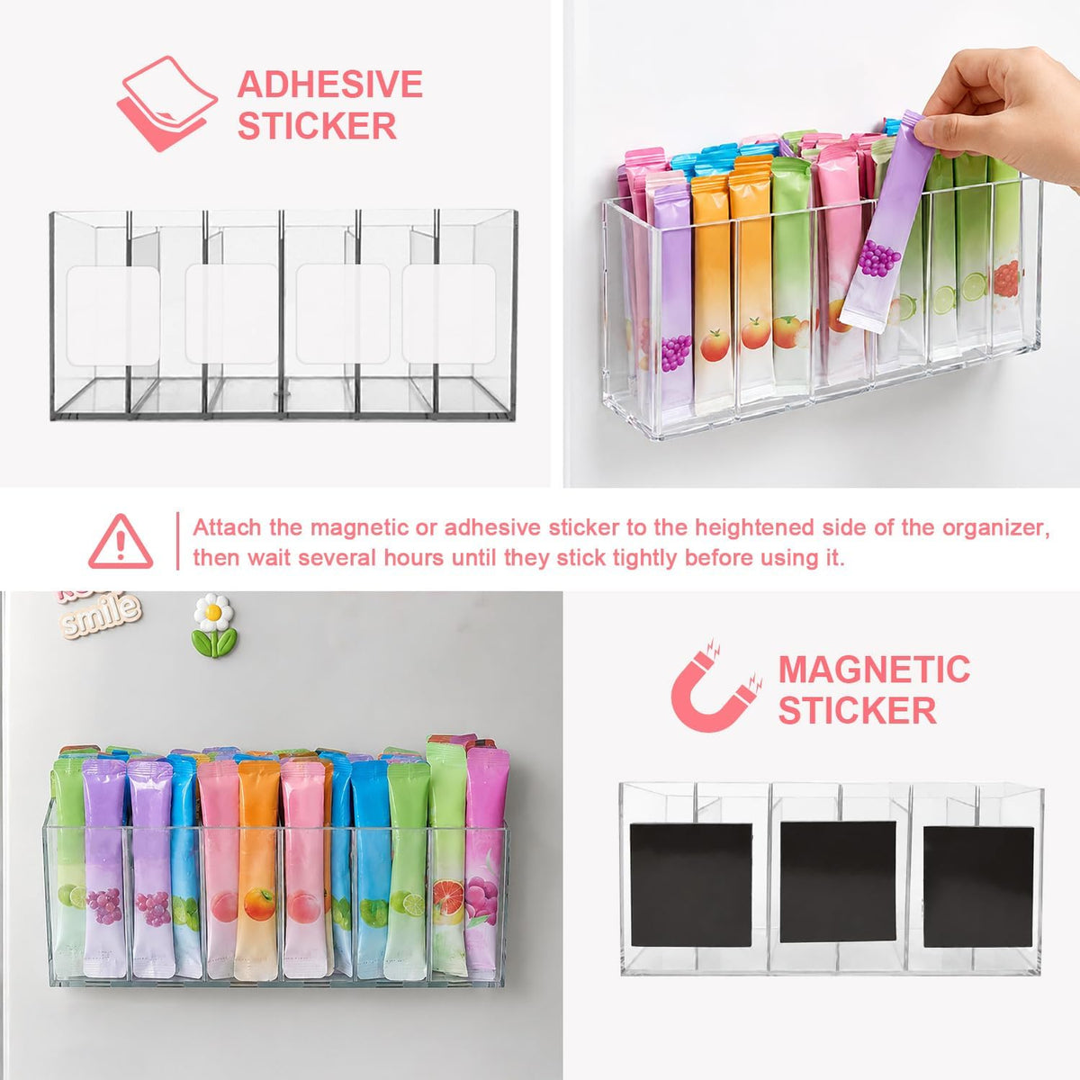 Drink Packet Organizer, Mounted Water Packet Organizer Holder with Magnetic and Adhesive Sticker, Kitchen Pantry Organizer Storage for Fridge Cabinet Countertop