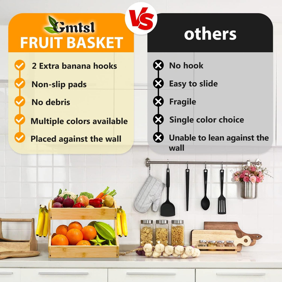 Gmtsl Bamboo Fruit Basket for Kitchen – 3 Tier Fruit Bowl For Kitchen Counter, Large Fruit Holder With 2 Banana Hangers, Idea For Fruit and Vegetable Storage, Bread Basket, Snack Organizer(BLACK)