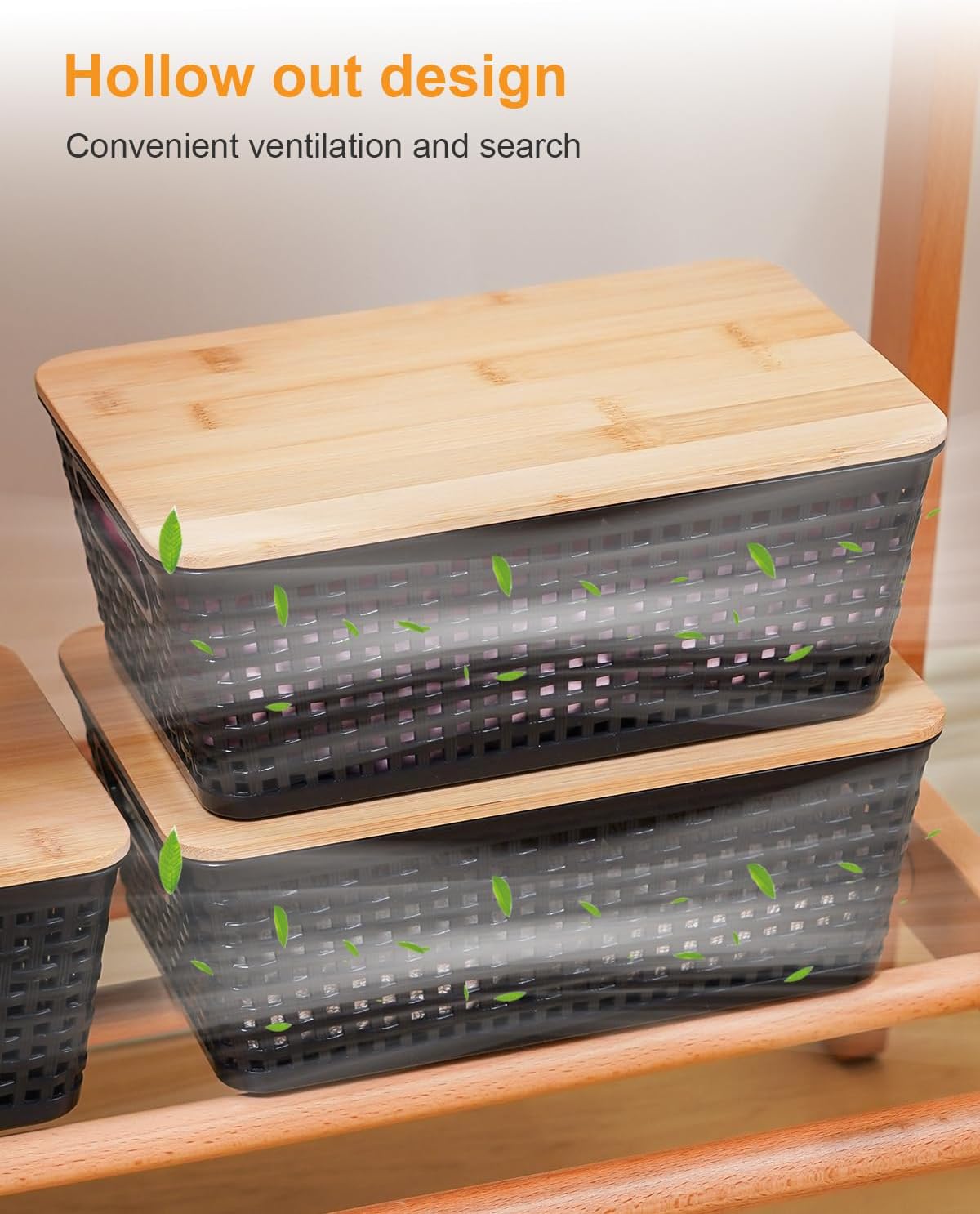 Small Storage Bins with Lids 6 Packs, Plastic Storage Basket with Bamboo Lid for Pantry Organization and Storage Containers for Shelves Drawers Desktop Closet Playroom Office Home, White