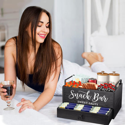 MINCORD Snack Organizer for Countertop, Wood Snack Basket Snack Tray with Handles, 5 Compartment Pantry Storage Bins with Drawer, Food Container Snack Box for Snacks, Chips, Packets
