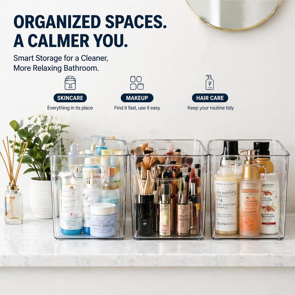 MOONEDGE Set of 4 Clear Plastic Organizer Bins, 2 Large & 2 Small Storage Bins for Pantry, Nestable Space-Saving Containers for Cabinets, Under-Sink, Bathroom, Kitchen & Freezer Organization