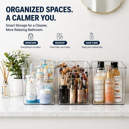 MOONEDGE Set of 4 Clear Plastic Organizer Bins, 2 Large & 2 Small Storage Bins for Pantry, Nestable Space-Saving Containers for Cabinets, Under-Sink, Bathroom, Kitchen & Freezer Organization