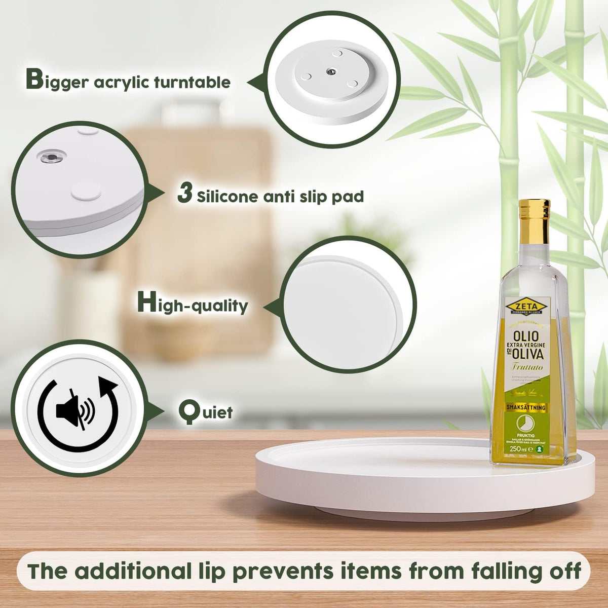 Lazy Susan Organizer, 10 Inch Non-Skid Bamboo Turntable Organizer for Salt Pepper Olive Oil and Spices Next to Stove, Wooden Lazy Susan for Table or Kitchen Countertop Organizer