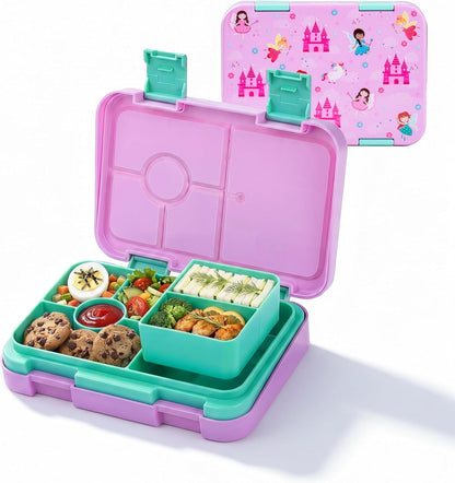 Bento Lunch Box for Kids, 6 Compartments BPA Free, Dishwasher Safe Back to School Snack Bento Lunch Containers Boxes, Ideal Portion Sizes for On-the-Go Meal, Ages 3+, School, Green Patterned