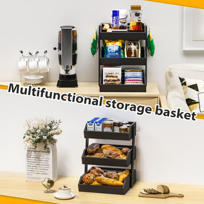 Gmtsl Bamboo Fruit Basket for Kitchen – 3 Tier Fruit Bowl For Kitchen Counter, Large Fruit Holder With 2 Banana Hangers, Idea For Fruit and Vegetable Storage, Bread Basket, Snack Organizer(BLACK)