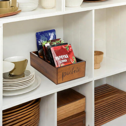 LBEMEY Packet Organizer, Acacia Wood Packet Storage Organizer with 3 Compartments,Farmhouse Kitchen Organization for Spice, Gravy, Taco, and Dressings Packets for Kitchen, Brown Labeled Packets