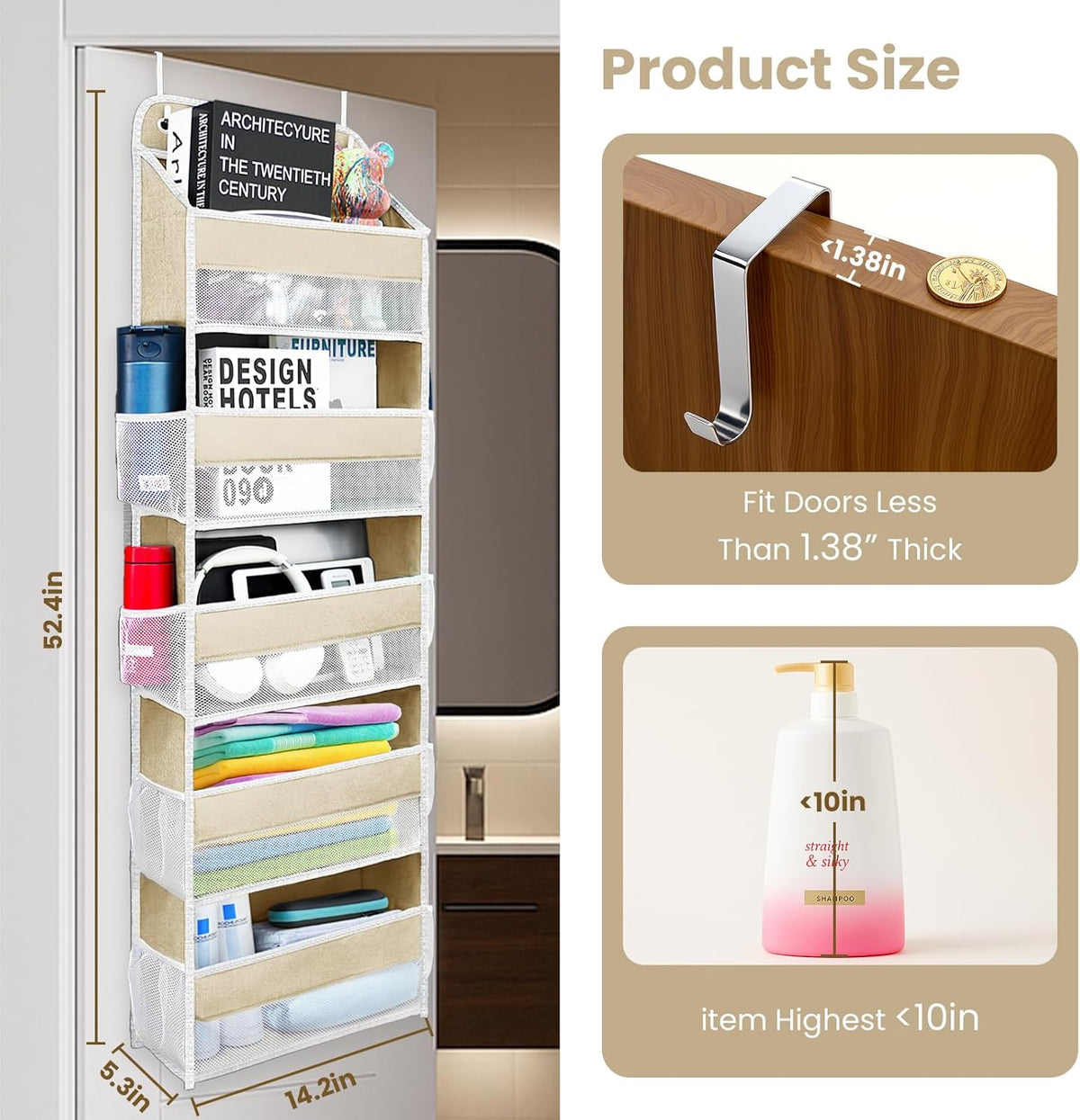 Over The Door Organizer with LifetimeWarranty, 4 Shelves & 4 Side Pockets, Large Storage Rack Holds 44lb, Heavy-Duty Reinforced Mesh Shelf for Bathroom, Closet, Toy Organization, Shoes, Towels, Grey