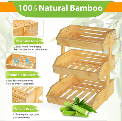 Gmtsl Bamboo Fruit Basket for Kitchen – 3 Tier Fruit Bowl For Kitchen Counter, Large Fruit Holder With 2 Banana Hangers, Idea For Fruit and Vegetable Storage, Bread Basket, Snack Organizer(BLACK)