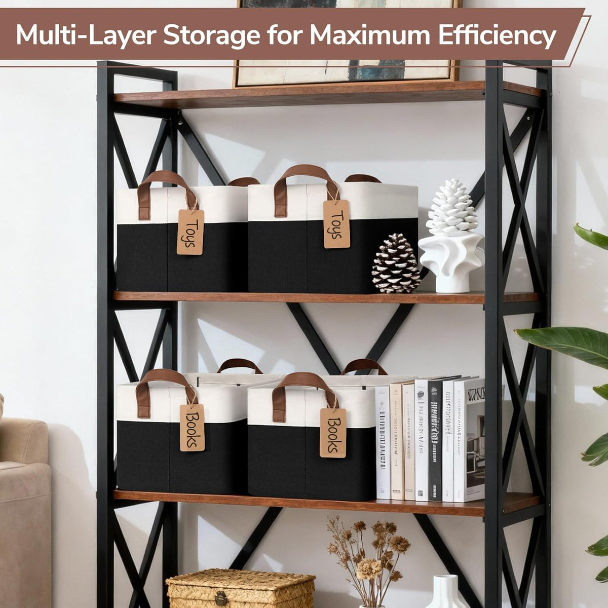 CHICVITA 4 Pack Large Storage Baskets for Shelves, Collapsible Closet Organizer Bins with Metal Frame, Fabric Storage Bins for Clothes Towels Organization, 16.8" x 11" x 9.8", Beige