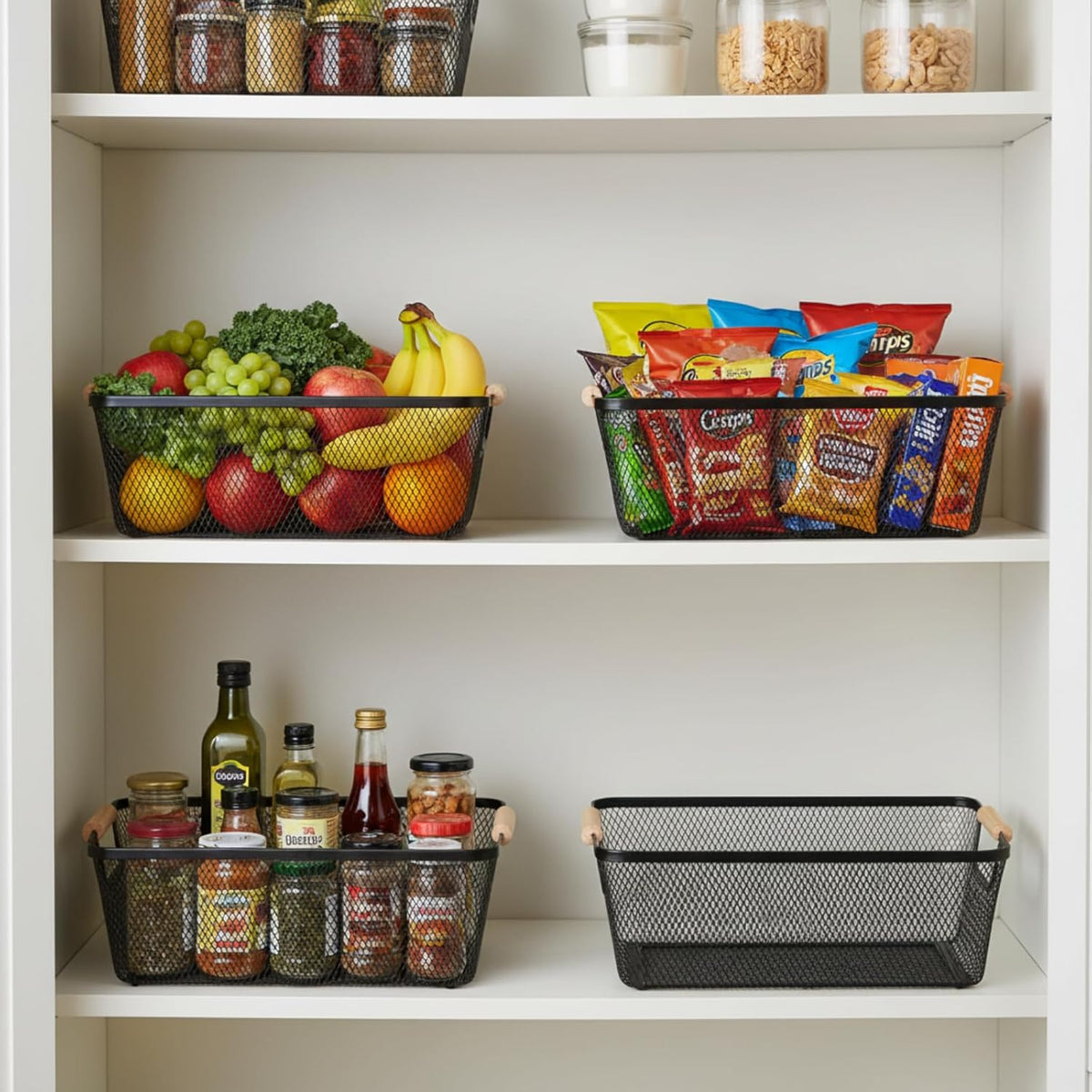 Ziliny 4 Pcs Metal Mesh Wire Baskets with Wooden Handles for Organizing, Pantry Organizers and Storage Steel Bin Kitchen Baskets for Fruit Potato Onion Snacks Bathroom Cabinet(Small,Black)