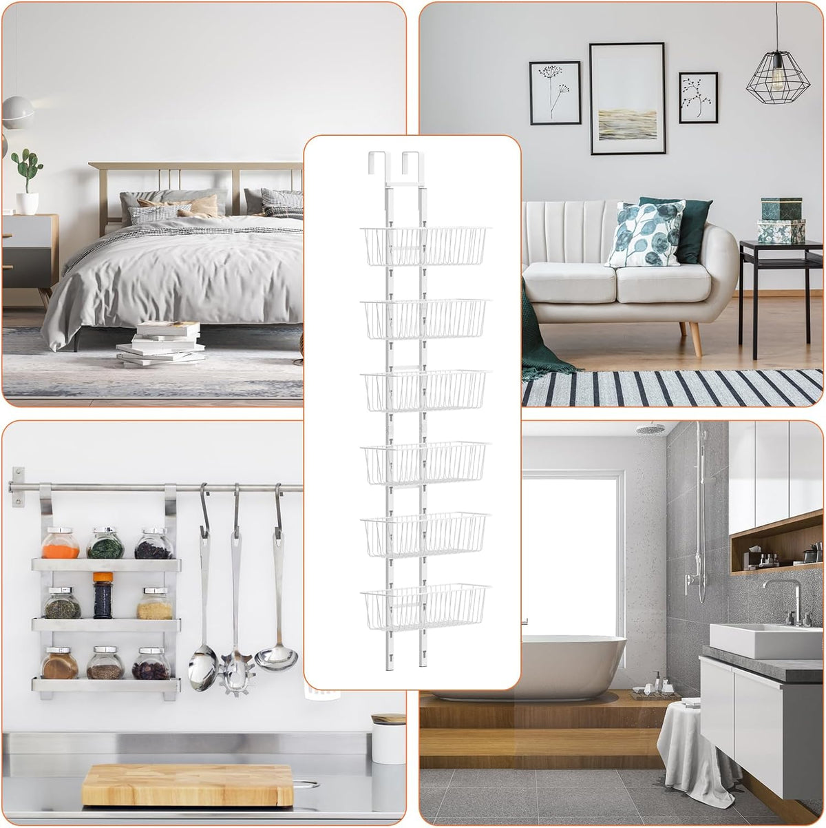 10 Tier Over the Door Pantry Organizer, Over the Door Spice Rack with Adjustable Baskets, Metal Hanging Door Pantry Organizers and Storage for Kitchen Bathroom Bedroom, White