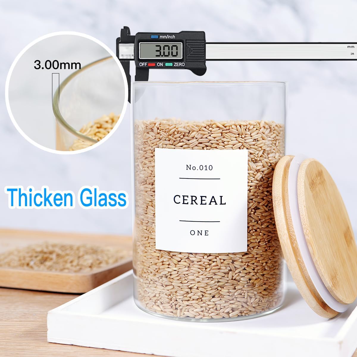 Borosilicate Glass Storage Jars with Bamboo Lids + 132 Pre-Printed Pantry Labels Included, BPA-Free Thicken Airtight Containers for Flour, Sugar, Rice, Microwave & Freezer Safe(100OZ/54OZ/27OZ)