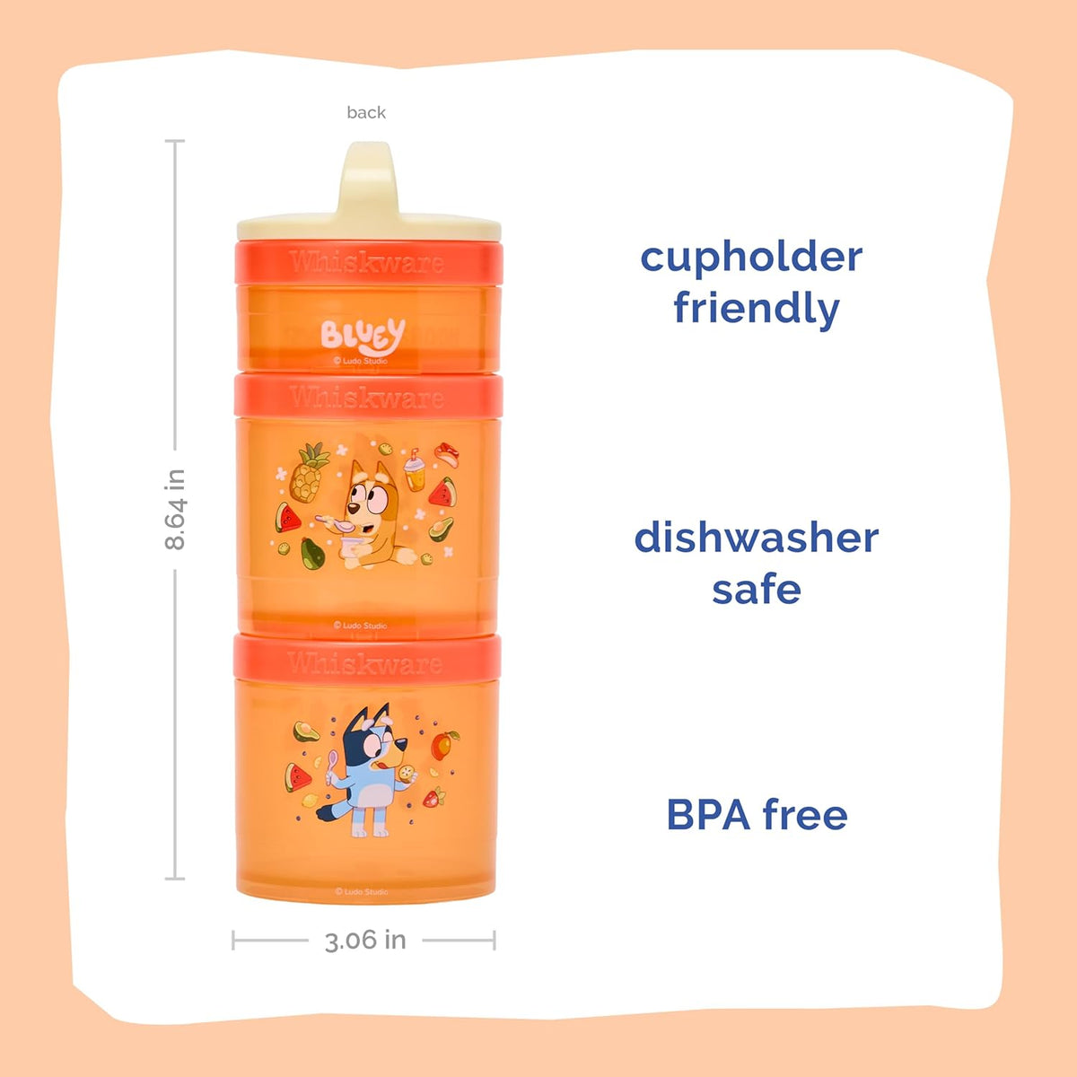 Whiskware Bluey Stackable Snack Containers for Babies, Toddlers, and Kids, 3 Stackable Snack Cups for School and Travel, Cupholder Friendly, Bluey and Bingo! Let’s Do This!