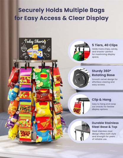 Chip Rack Display Stand with Heavy-Duty 360° Smooth-Rotating Metal Base, 5 Tiers 40 Clips Chip Bag Holder Display, Candy Stand, Snack Organizer for Countertop, Party, Store Concession Stand