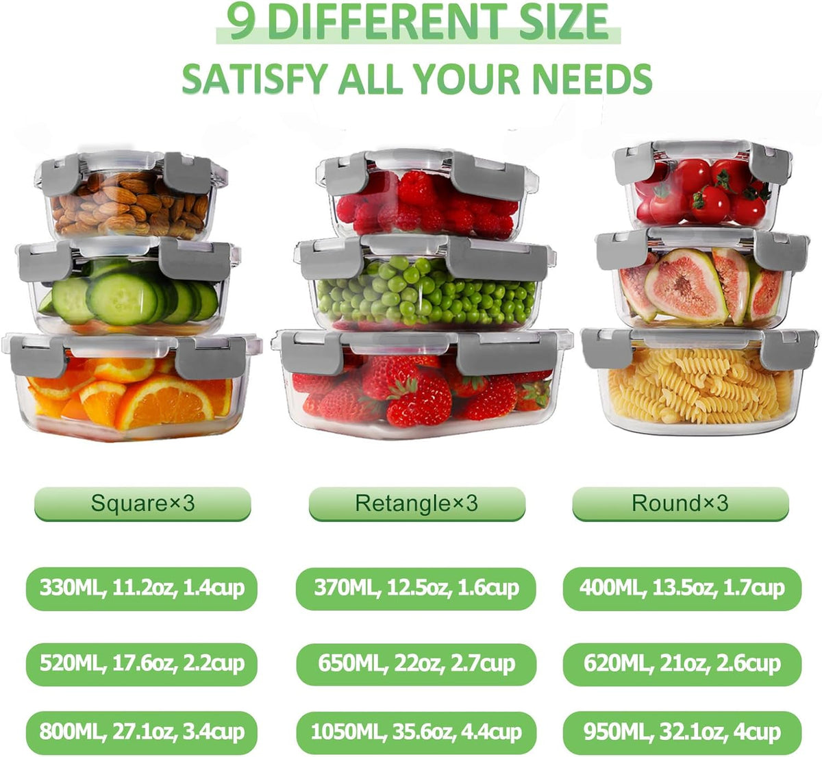 HOMBERKING 18 Piece Glass Food Storage Containers with Lids, Glass Meal Prep Containers, Airtight Lunch Bento Boxes, BPA-Free & Leak Proof, Oven, Freezer and Dishwasher Safe (9 lids & 9 Containers)