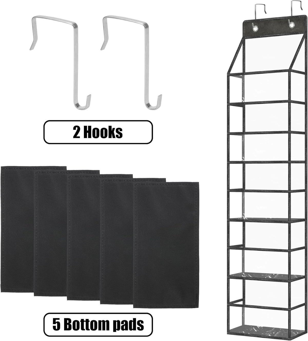 5-Shelf Over The Door Pantry Organizer with Clear Pockets, Heavy Duty Hanging Storage for Closet, Bedroom, Bathroom, and Nursery (Black, Holds up to 28 lbs)