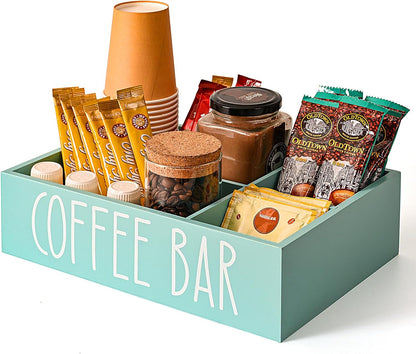 STORAGENIE Wooden Coffee Station Organizer – Removable Dividers, Storage for Coffee Pods, Tea Bags & Accessories, Oasis Blue (11.8" x 7.87" x 3.15")