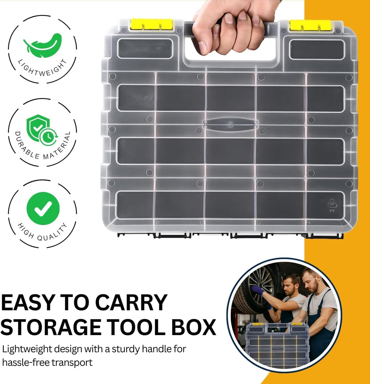 Andalus Tools Organizer Box, Small Parts Storage 34-Compartment Double-Sided Portable Hardware Organizer Removable Plastic Dividers for Screws, Nuts, Bolts, Nails – Orange (12.5" x 10.5" x 3")