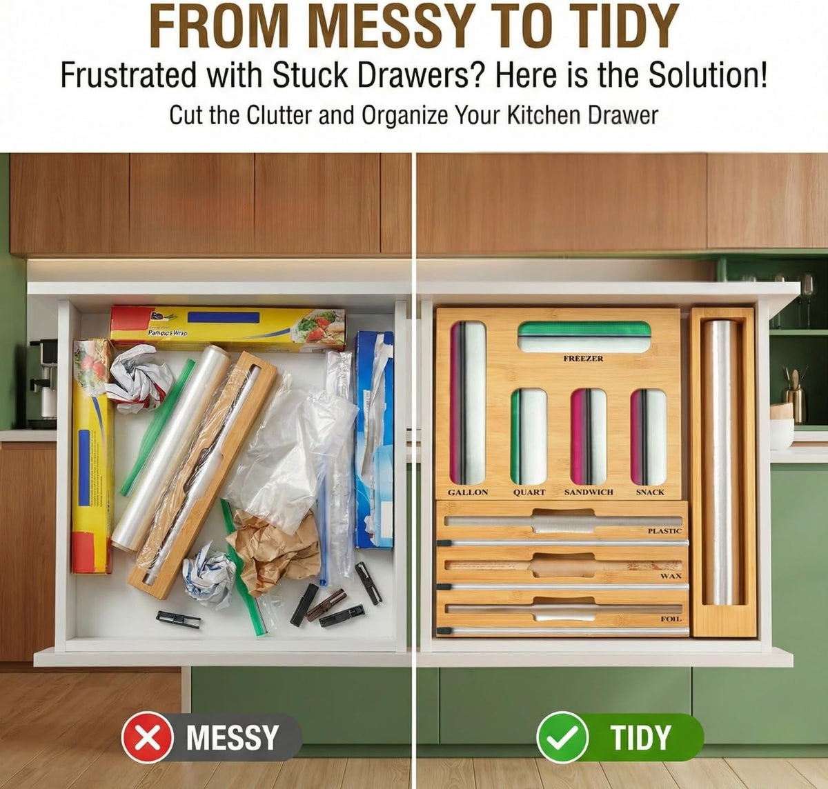 9 in 1 Storage Bag Organizer for Kitchen Drawer,Bamboo Foil and Plastic Wrap Dispenser with Cutter, Organizers Compatible Gallon, Quart, Sandwich Snack