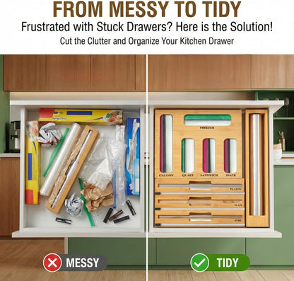 9 in 1 Storage Bag Organizer for Kitchen Drawer,Bamboo Foil and Plastic Wrap Dispenser with Cutter, Organizers Compatible Gallon, Quart, Sandwich Snack