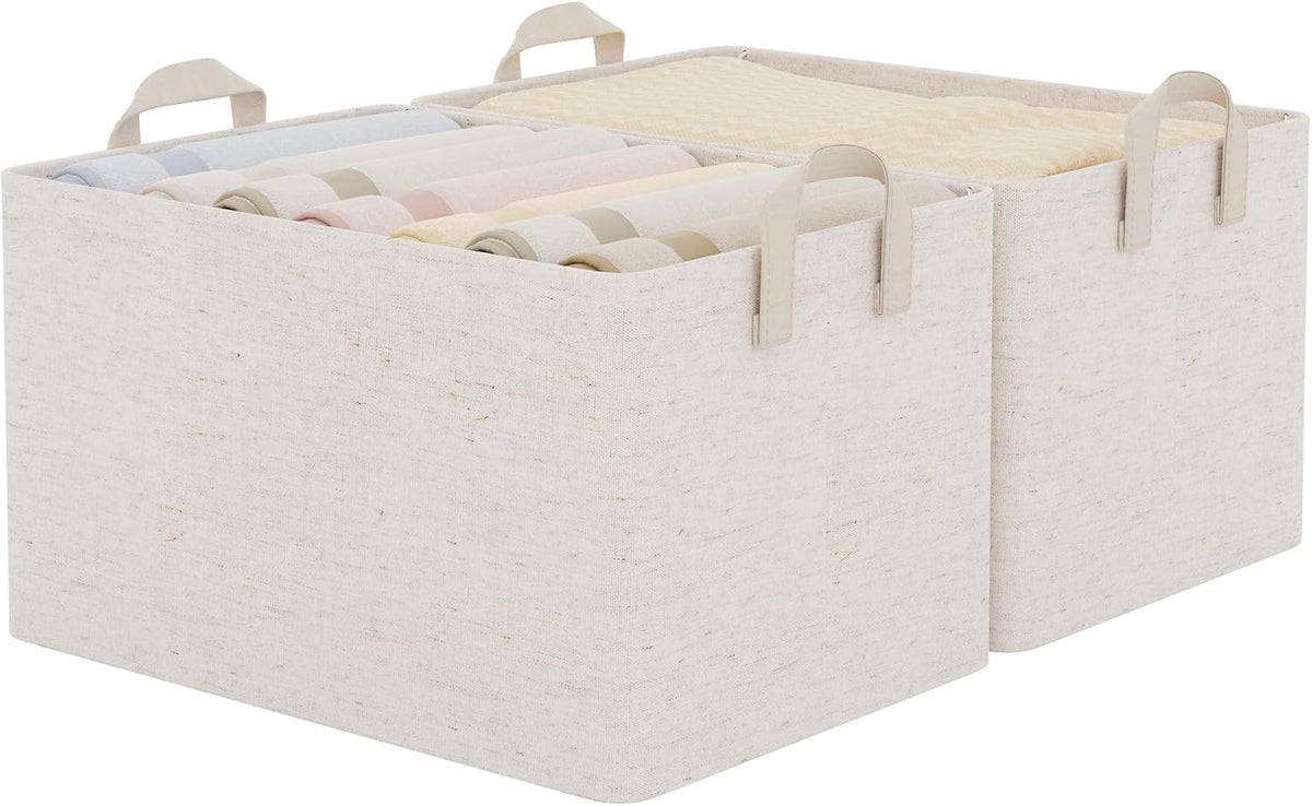 StorageWorks Storage Bins, Shelves Baskets for Organizing, Fabric Closet Organizers with Handles, Metal Frame, Beige-Cotton-linen, 2-Pack