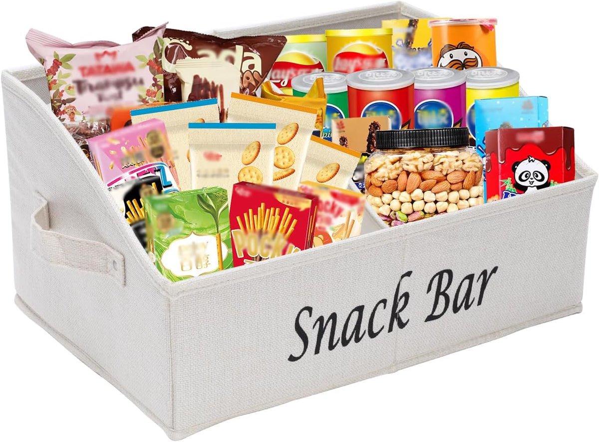 Snack Organizer for Countertop, Fabric Snack Organizer with Handles, 2 Large Compartment Snack Container Snack Basket, Snack Bar Station Decor, Kitchen Pantry Organizer and Storage, Black