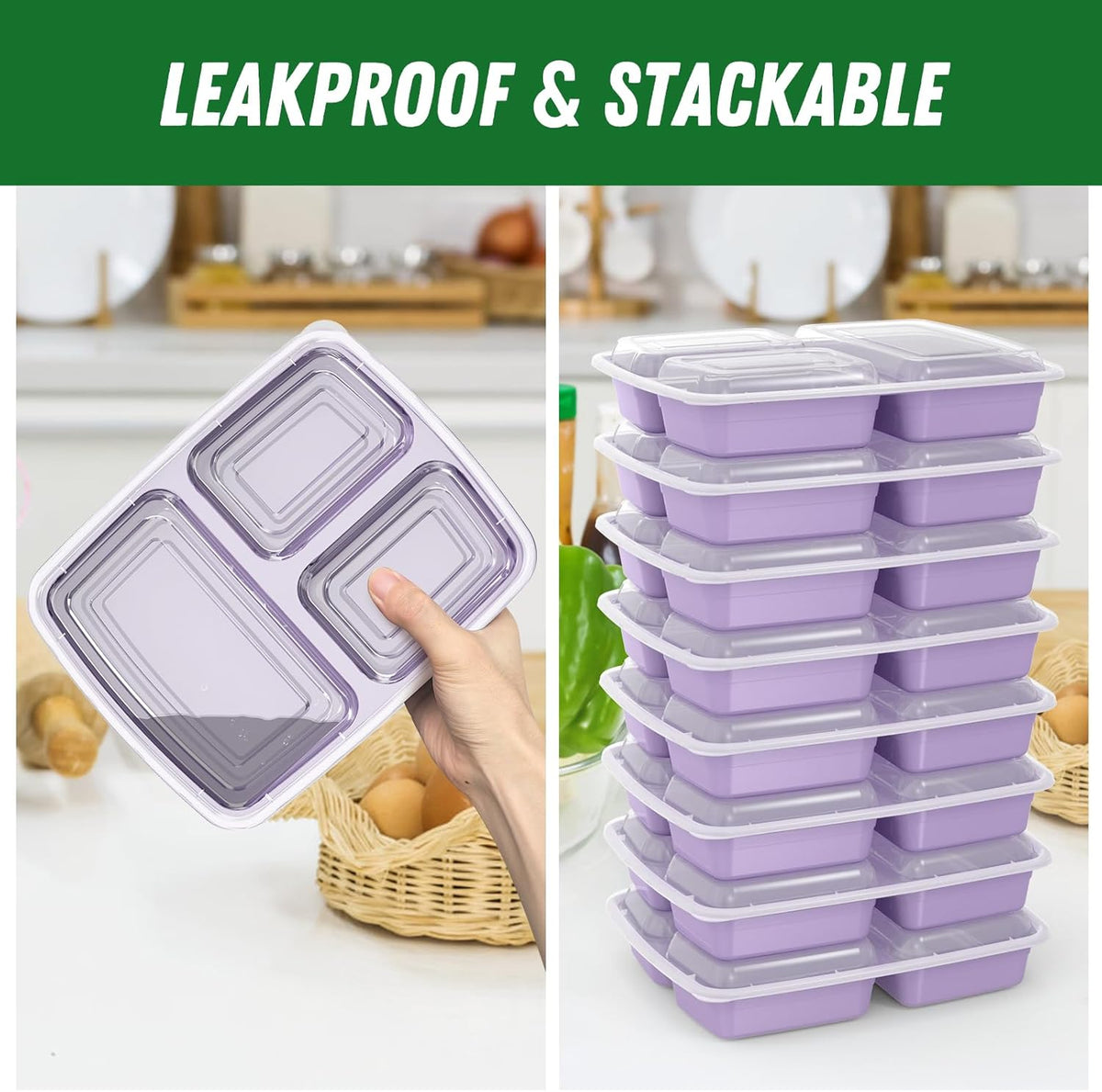50 Pack (100-Piece) 32 oz Meal Prep Containers Reusable with Lids 3-Compartment, To Go Take Out Plastic Food Storage Containers, Sturdy Leakproof Food Safe, Microwave Freezer Dishwasher Safe, Black