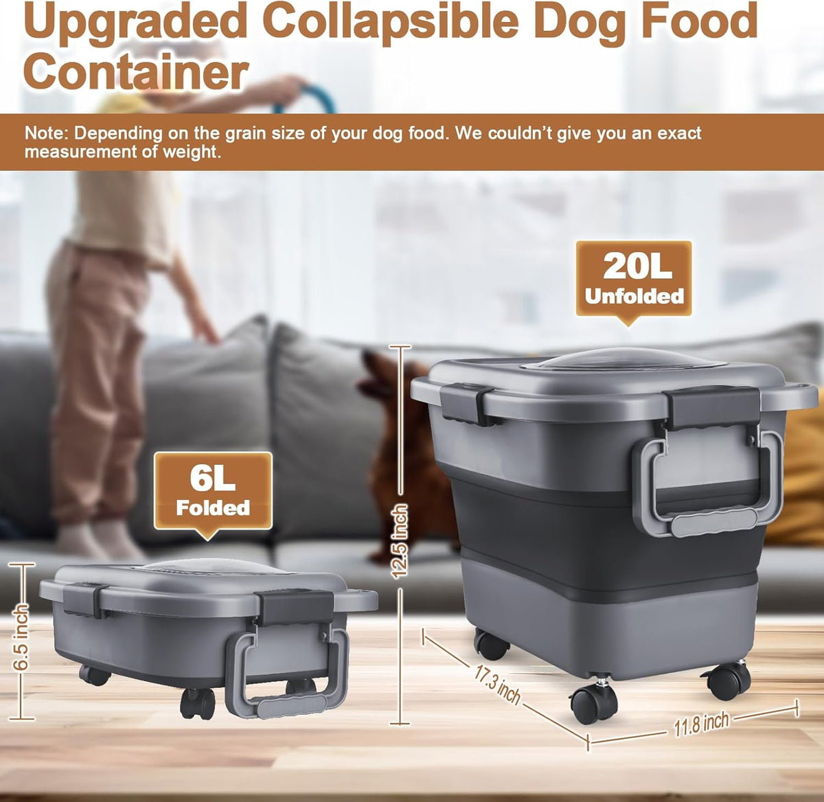 Dog Food Storage Container，10-25 lbs Airtight Collapsible Cat Food Storage Container with Attachable Wheels, Portable Handle, Dog Food Scoop for Dog Cat Bird Pet Dry Food Storage Bin Dark Grey