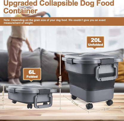 Dog Food Storage Container，10-25 lbs Airtight Collapsible Cat Food Storage Container with Attachable Wheels, Portable Handle, Dog Food Scoop for Dog Cat Bird Pet Dry Food Storage Bin Dark Grey