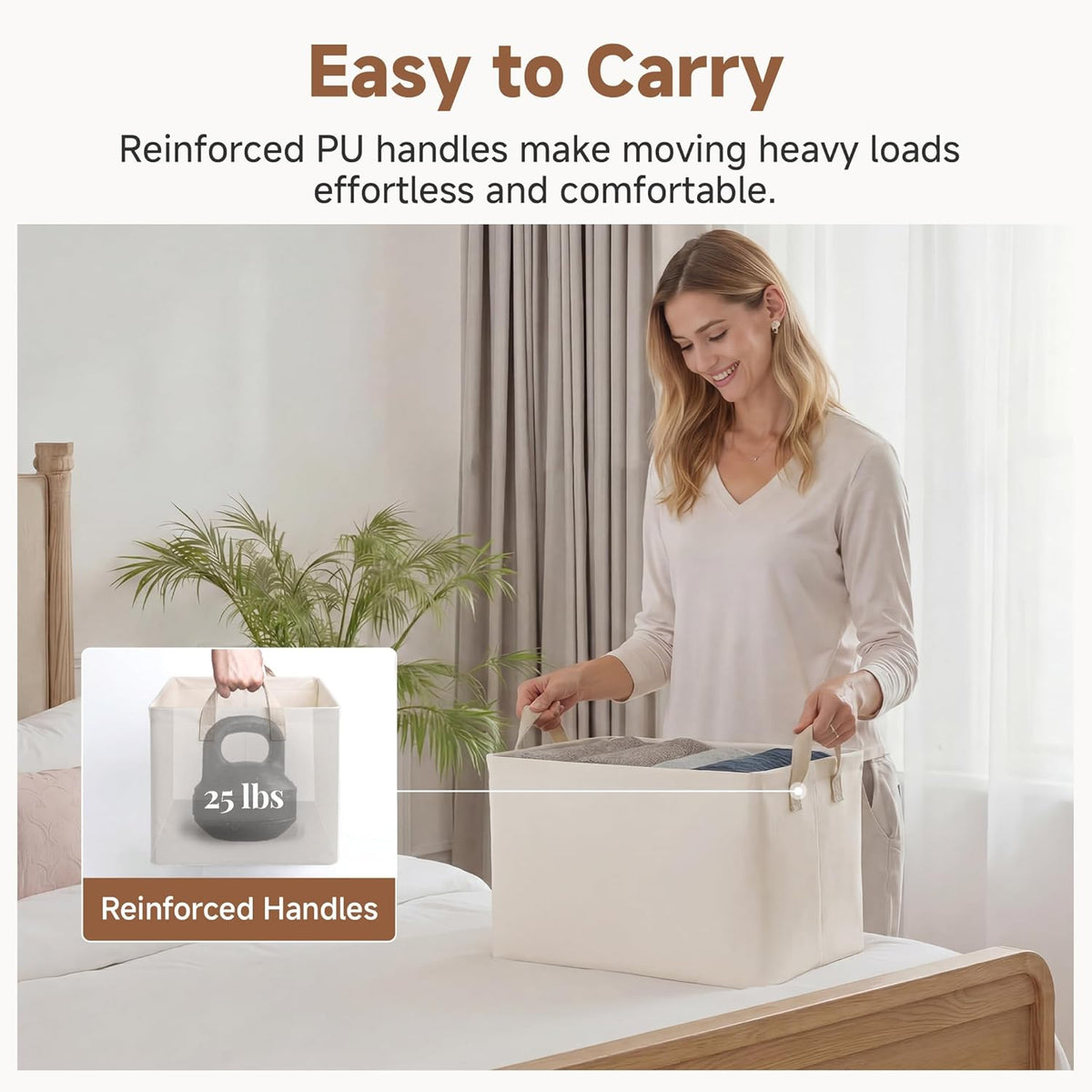 StorageWorks Storage Bins, Shelves Baskets for Organizing, Fabric Closet Organizers with Handles, Metal Frame, Beige-Cotton-linen, 2-Pack