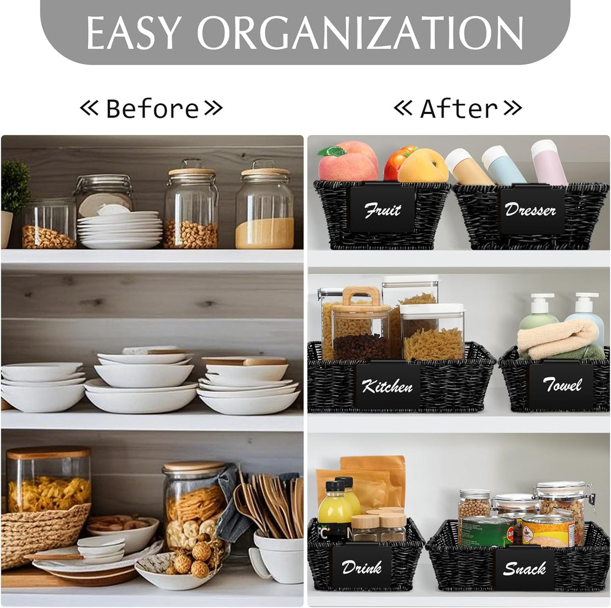Marsui 9 Pcs Wicker Storage Baskets for Pantry Organization with Handle Labels Handwoven Multi-size Dark Brown Small Organizer Baskets Storage Bin Container for Shelves Closet Toilet Christmas Holiday