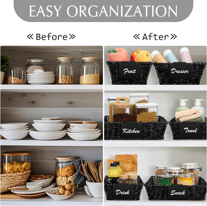Marsui 9 Pcs Wicker Storage Baskets for Pantry Organization with Handle Labels Handwoven Multi-size Dark Brown Small Organizer Baskets Storage Bin Container for Shelves Closet Toilet Christmas Holiday