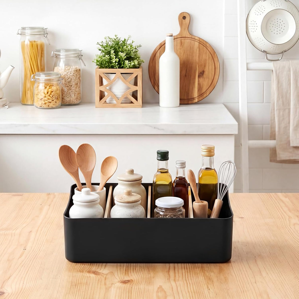 2 Pack Seasoning Packet Organizer Food Storage Organizer & 3 Bamboo Wood Removable Dividers Plastic Bins Caddy for Spice Snacks Pouches Spice Organization for Cabinet Kitchen(White)