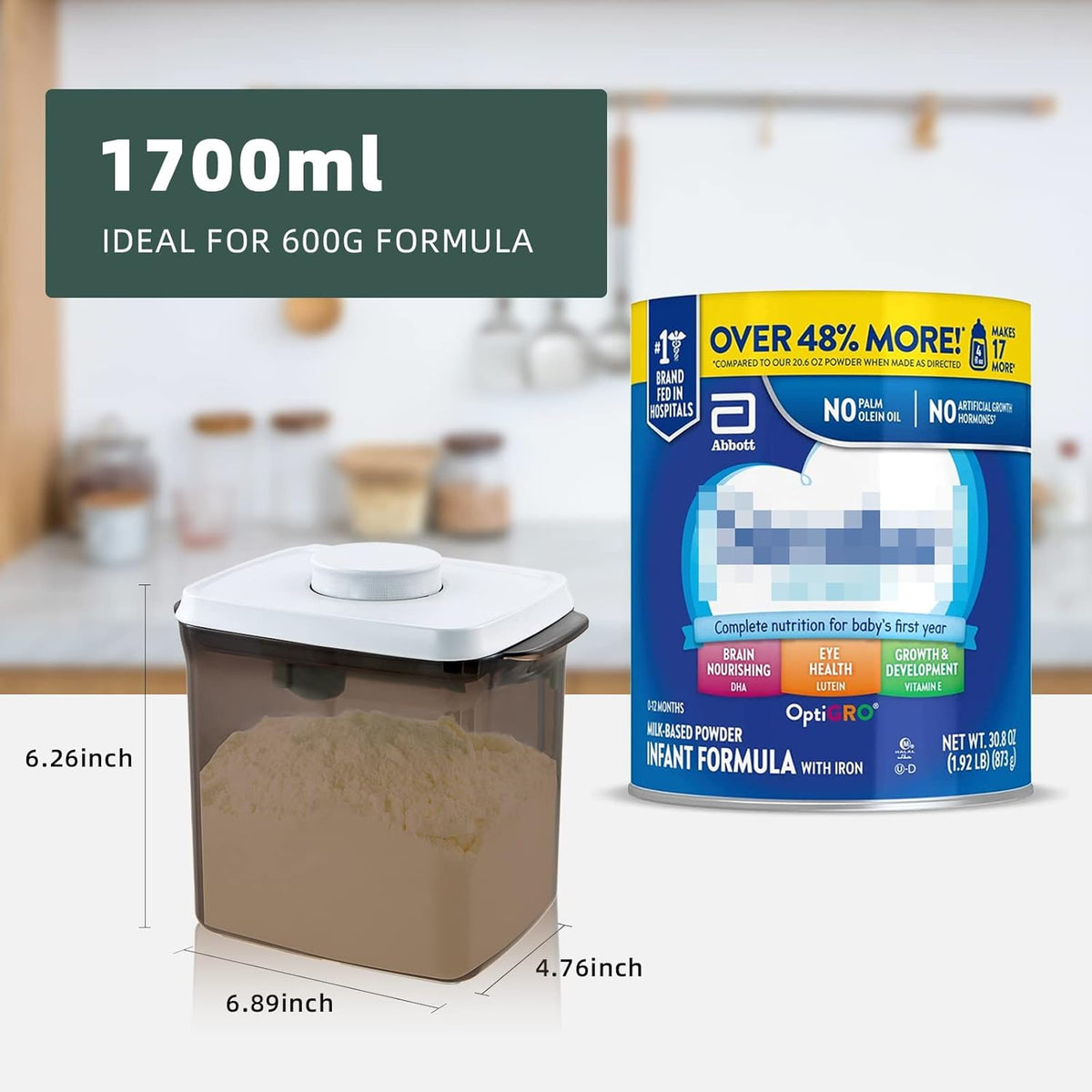 Formula Container to Go- 1700ml Pop Top Milk Powder Container, BPA-Free Airtight Formula Dispenser with Scoop and Scraper, 21OZ, 1.32LB, 600g, Clear