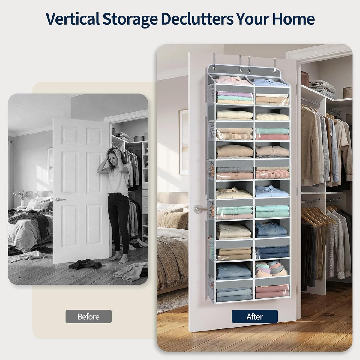 Yecaye Over The Door Organizer, 5 Tier Extra Large Behind Door Storage of 10 Compartments, 80lbs Heavy Duty Door Organizer Hanging with Clear Window for Closet Bedroom Pantry Bathroom, Grey