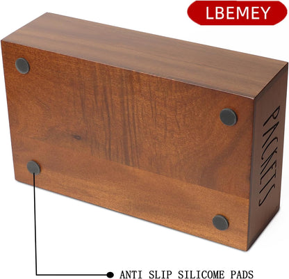 LBEMEY Packet Organizer, Acacia Wood Packet Storage Organizer with 3 Compartments,Farmhouse Kitchen Organization for Spice, Gravy, Taco, and Dressings Packets for Kitchen, Brown Labeled Packets