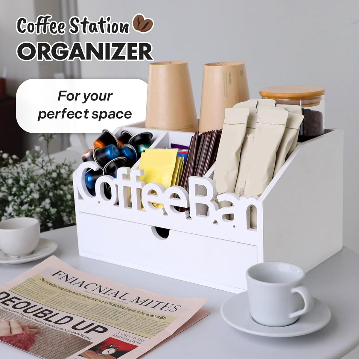 Coffee Bar Organizer for Countertop – Wooden Coffee Caddy with Compartments for Pods, Sugar Packets, and Accessories – Coffee Condiment Station Storage for Home and Office (Black)