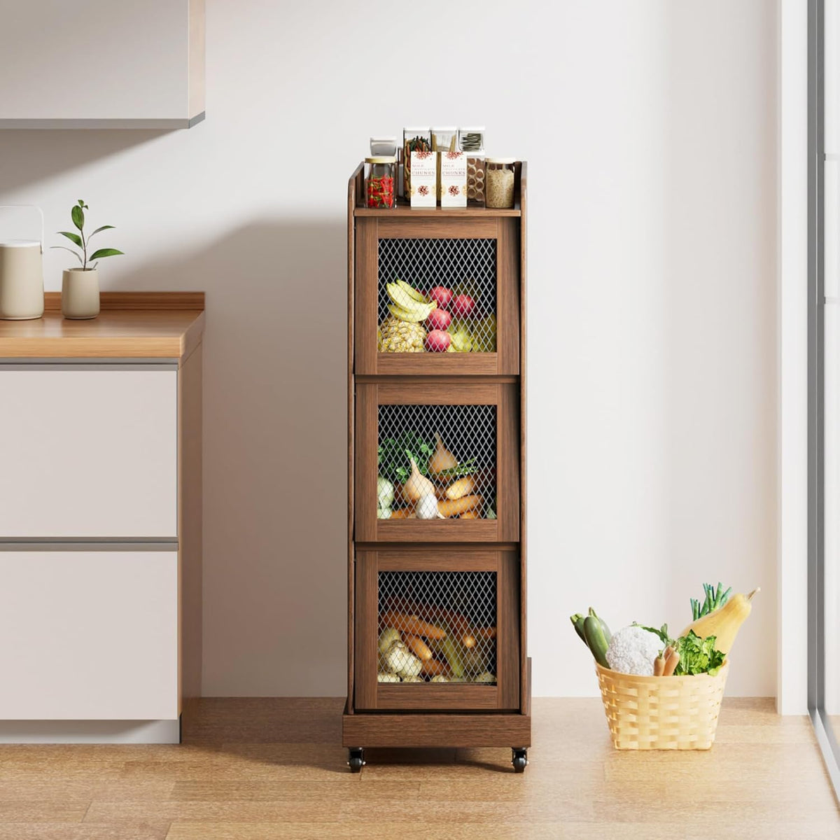 4 Tier Narrow Potato Storage Bin, Tall Wood Potato and Onion Storage Bin with Wheel, Movable Fruit and Vegetable Basket, Food Small Kitchen Pantry Cabinet, Wooden Bread Box, Walnut, Sliding Door