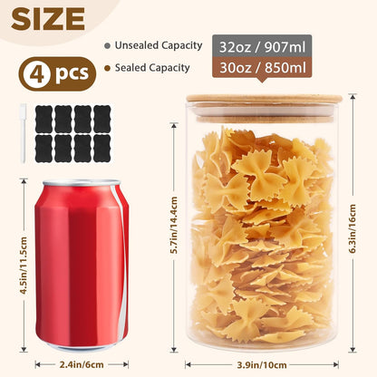 SHOWIN Glass Food Storage Jars Square 37oz, 4 Pack Glass Jars With Bamboo Lids, Kitchen Storage Containers For Spice, Candy, Cookie, Storage For Pantry Organizers