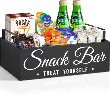 Snack Organizer for Countertop, Wood Pantry Storage Bins with Handles, Snack Bar Organizer for Kitchen, Office, 4 Compartment Food Container Snack Box with Drawer, Pantry Organizer for Chips, Candy