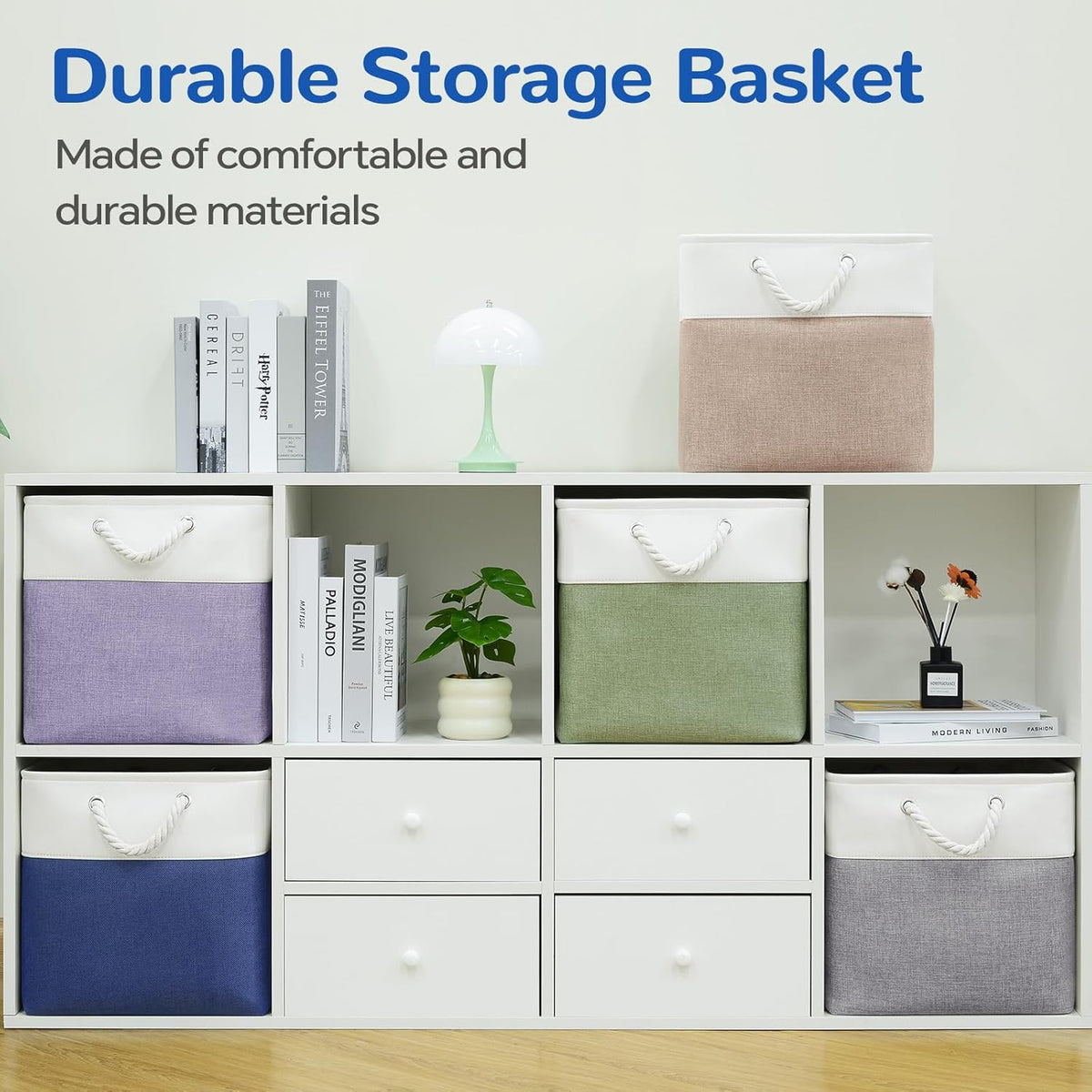 Large Storage Baskets- 15.7x11.8x8.26 inch Storage Bins for Shelves and Closet Organizing, Foldable Fabric Bin for Home Organization Clothes and Laundry (3-Pack, White&Khaki)