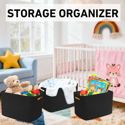 3 Pack Woven Rope Storage Baskets for Shelves,13.5"×11"×9.5" Storage Bins with Handles,Empty Gift Baskets,Nursery Organizer for Toys,Towels,Books,Closet,Living Room,Bedroom (White & Brown)