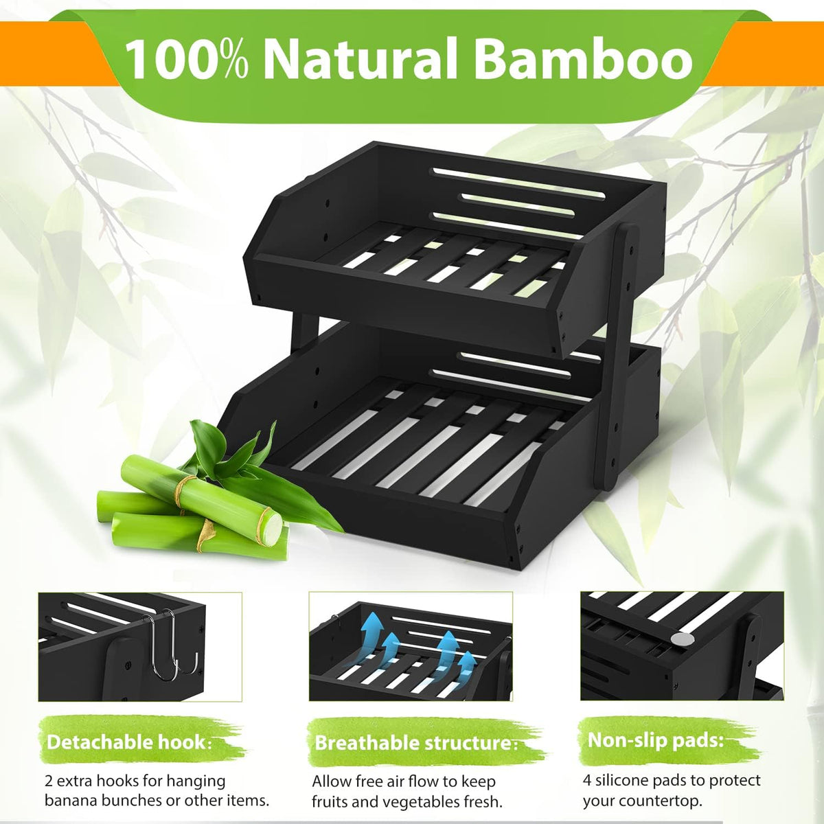 Gmtsl Bamboo Fruit Basket for Kitchen – 3 Tier Fruit Bowl For Kitchen Counter, Large Fruit Holder With 2 Banana Hangers, Idea For Fruit and Vegetable Storage, Bread Basket, Snack Organizer(BLACK)