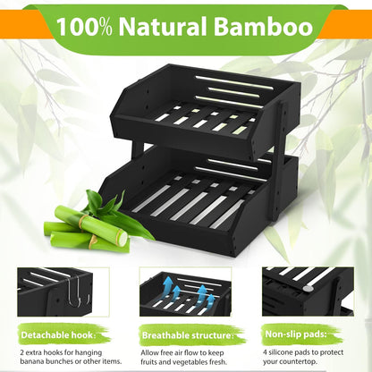 Gmtsl Bamboo Fruit Basket for Kitchen – 3 Tier Fruit Bowl For Kitchen Counter, Large Fruit Holder With 2 Banana Hangers, Idea For Fruit and Vegetable Storage, Bread Basket, Snack Organizer(BLACK)
