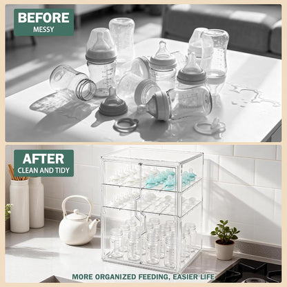Baby Bottle Organizer, 3-Tier Bottle Storage for Countertop with Double Magnetic Doors, Clear Plastic Bottle Station Organizer Mom Gifts with 2 Dividers for Kitchen, Bathroom, Cabinet, Vanity