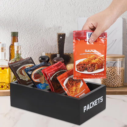 BSTKEY Seasoning Packet Organizer, Food Packet Storage Organizer with 4 Compartments, Wooden Storage Caddy for Kitchen Pantry Cabinet, Farmhouse Kitchen Organization Bin for Snacks Spice Packets