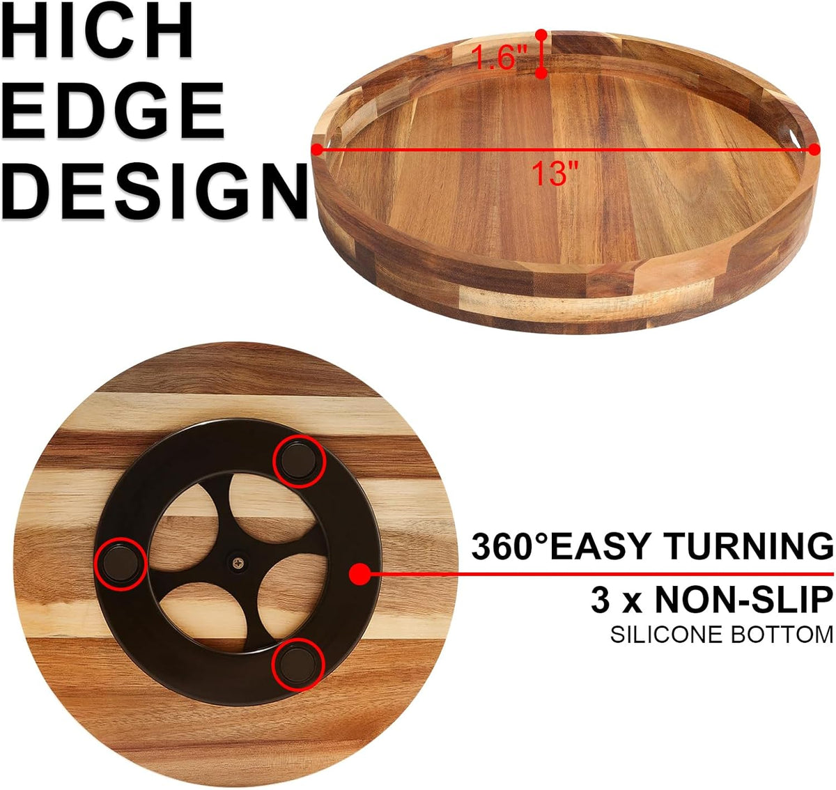 Acacia Wooden Lazy Susan for Table Top-12 Inch Wooden Lazy Susan Turntable with Double Handle-Large Acacia Wooden-Spice Organizer for Countertop, Table, Cabinet