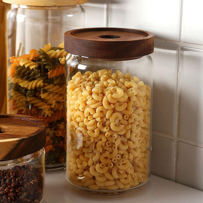 Bekith 4 Pack 15 FL OZ (450ml) Glass Food Storage Jar with Acacia Lids, Airtight Sealed Clear Glass Canisters, Kitchen Food Storage Container for Serving Tea, Coffee Beans, Nuts, Spice, Sugar