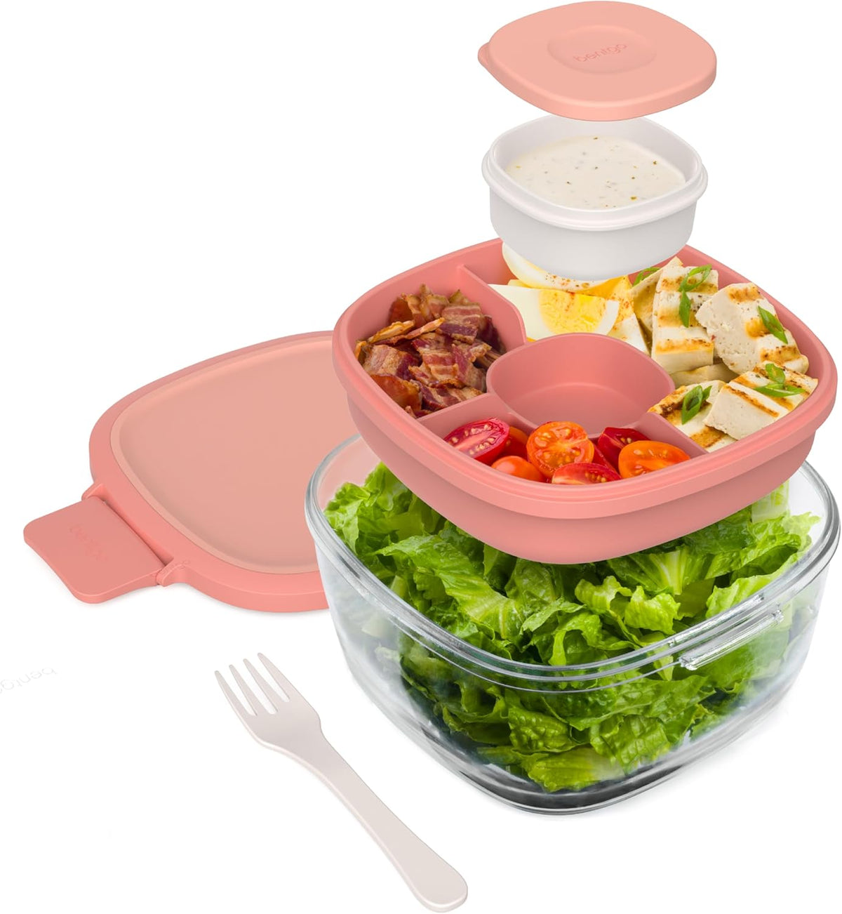 Bentgo Glass Prints Salad Container - 7.6-Cup Tinted Glass Salad Bowl with Airtight Lid, Leak-Proof Sauce Container, 4-Compartment Bento Meal Prep Tray & Reusable Fork (Floral Maximalist - Sea)