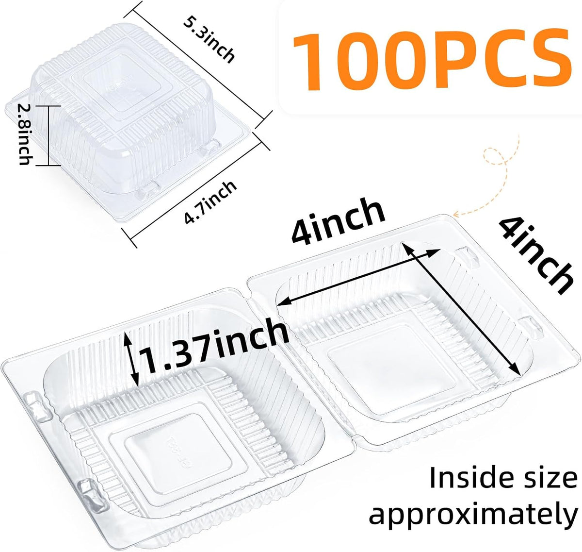 Evnlo 100 Count Clear Plastic Containers with Lids for Food, Thickened Disposable Sandwich Containers Clamshell Boxes for Cake Slice, Dessert, Hamburger, Salad, Pastry, Fruits, Takeout Tray